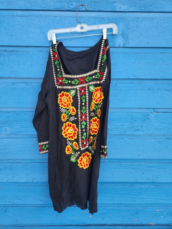 Dresses & Skirts - Black Mexican Embroidered Floral Tunic with Yellow & Red Accents